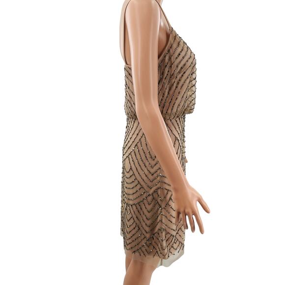 Adrianna Papell Nude Beaded Blouson Strappy Fancy Art Deco Cocktail Dress 6 - Picture 5 of 11